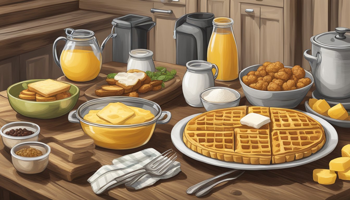 A rustic kitchen table set with various toppings and accompaniments for boxed cornbread mix waffle variations