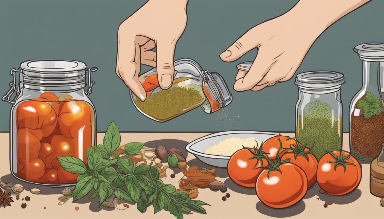 A hand reaching for a jar of tomatoes and a bottle of vinegar, surrounded by various spices and herbs on a kitchen counter