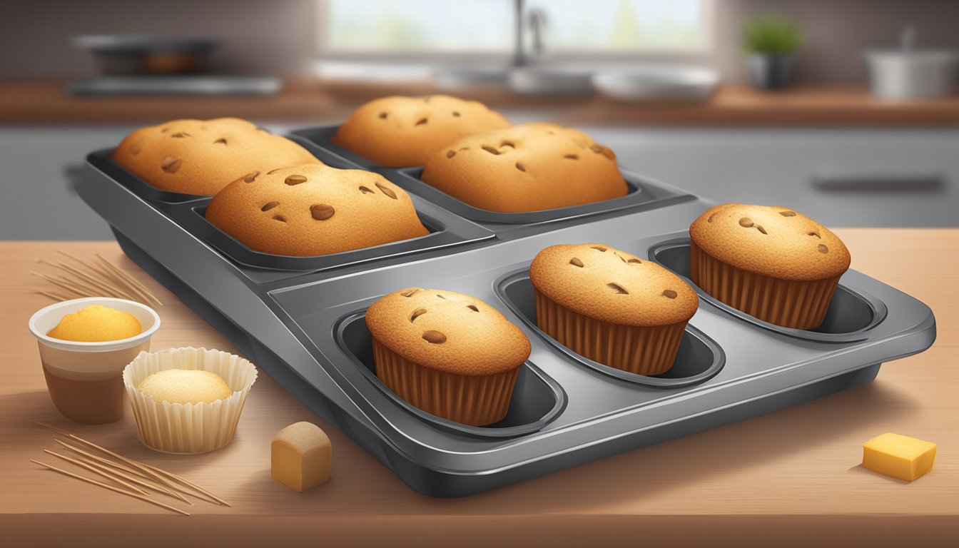 A variety of muffin mix loaf cakes bake in the oven, with toothpicks inserted to test for doneness