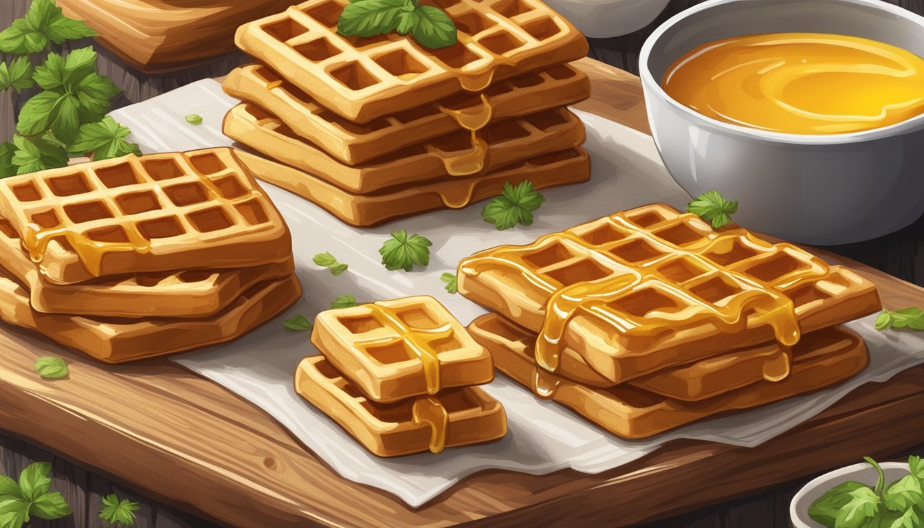 A stack of golden brown cornbread waffles arranged on a rustic wooden serving board, garnished with a drizzle of honey and a sprinkle of fresh herbs