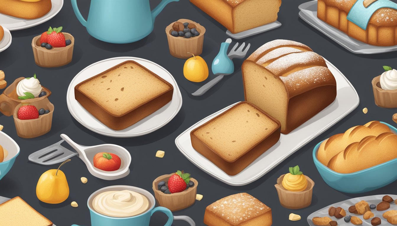 A kitchen counter with assorted baked loaf cakes, decorative toppings, and serving utensils