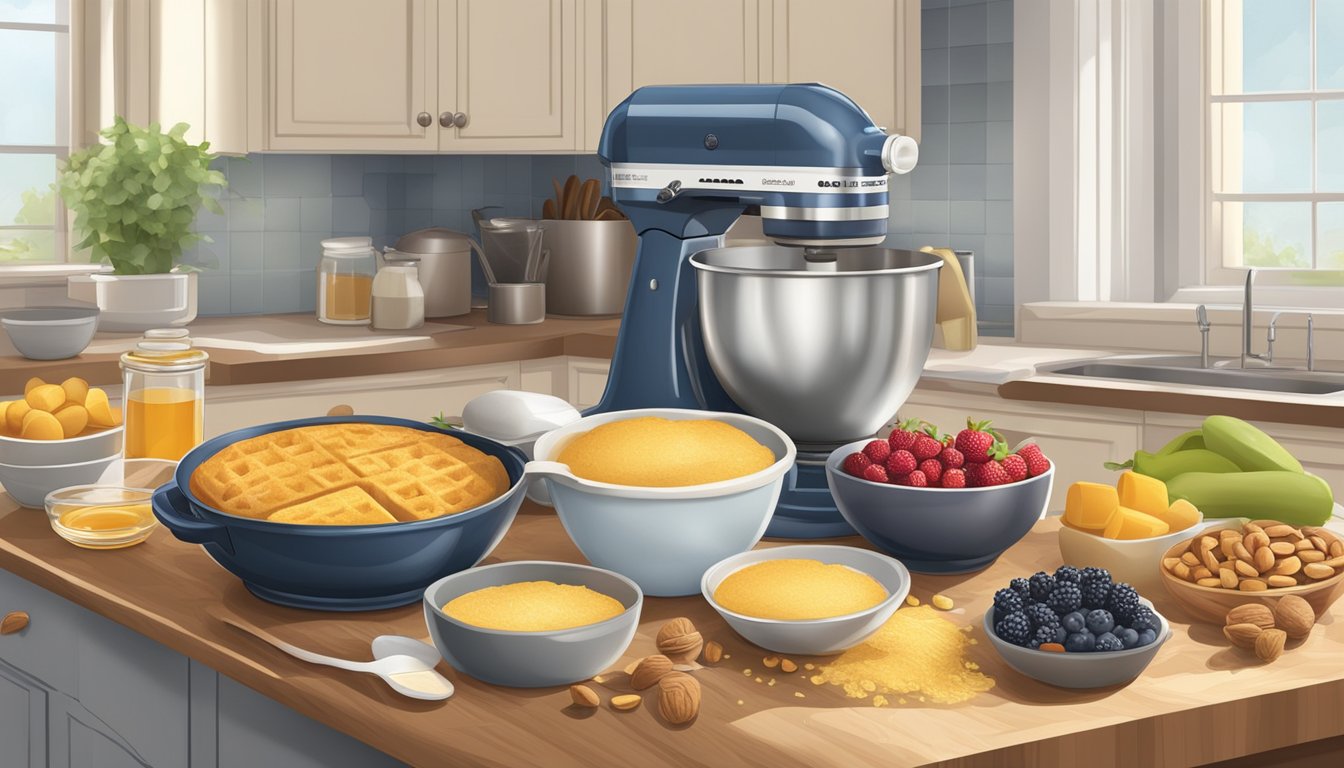 A kitchen counter with a mixing bowl, boxed cornbread mix, waffle iron, and various ingredients like berries, honey, and nuts