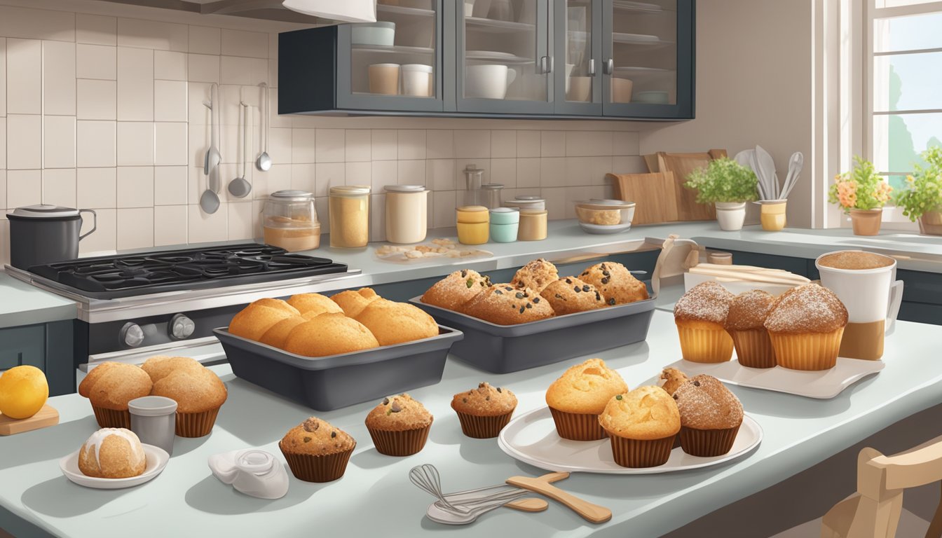 A kitchen counter with assorted boxed muffin mix and freshly baked loaf cakes in various flavors and decorations