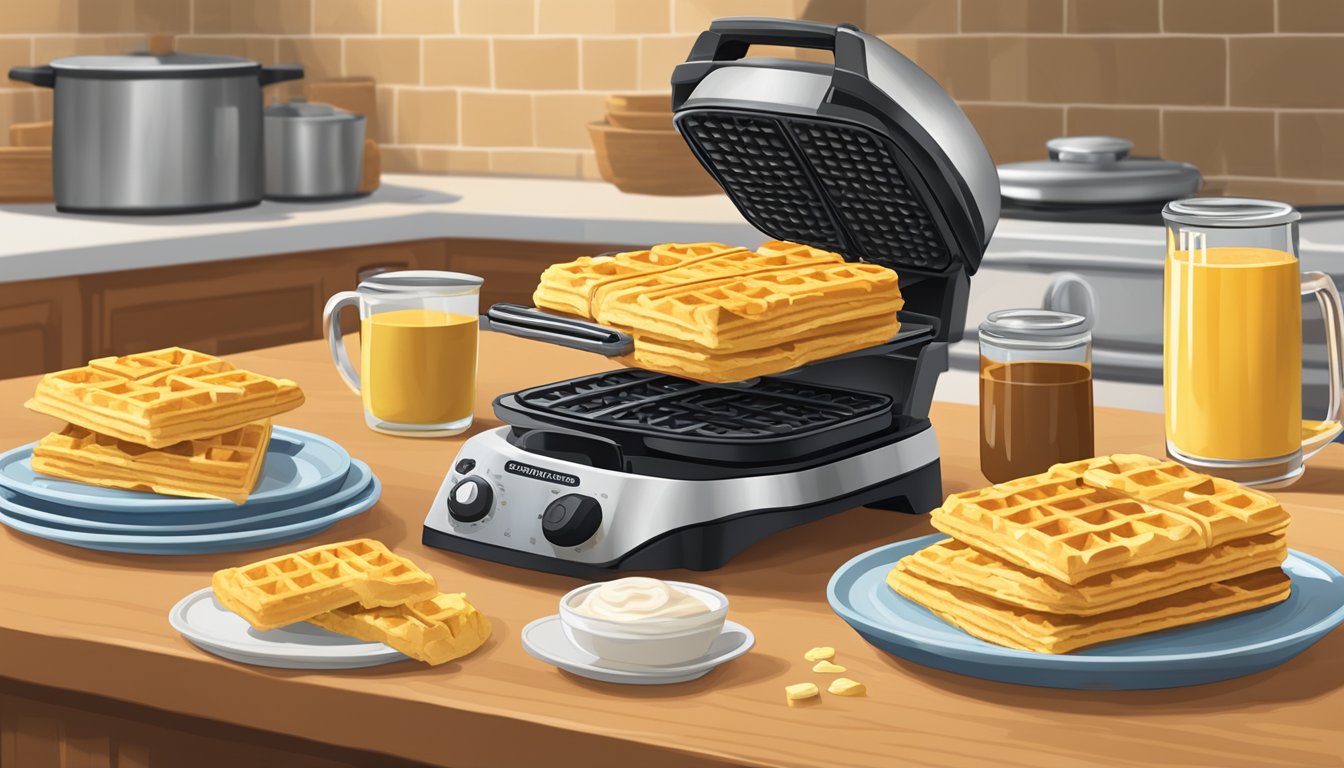 A kitchen counter with a box of cornbread mix, a waffle iron, a plate of reheated cornbread waffles, and a stack of waffles