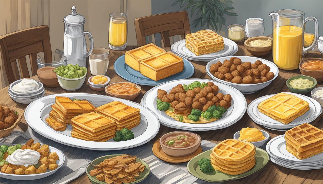 A table set with a variety of meals, each incorporating cornbread waffles made from boxed mix