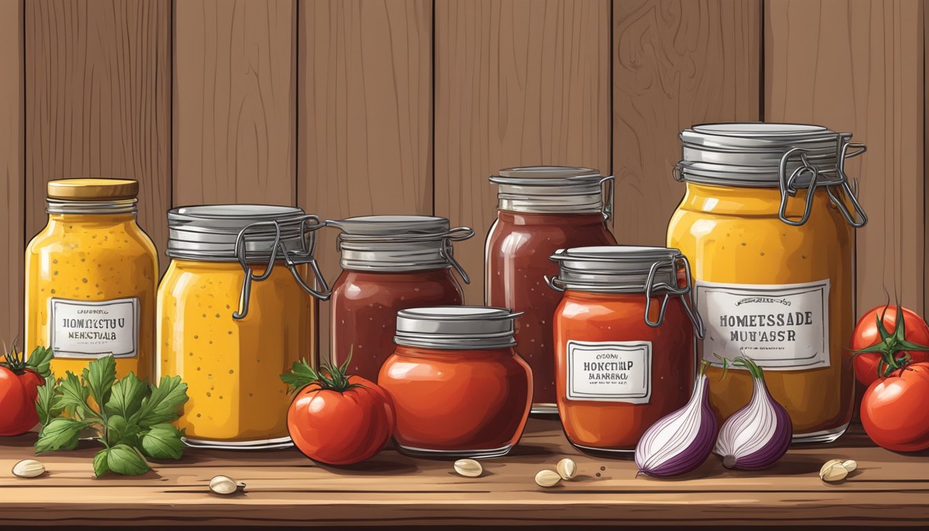 A rustic kitchen table with jars of homemade ketchup and mustard, surrounded by fresh tomatoes, onions, and mustard seeds