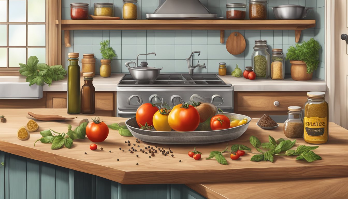 A rustic kitchen counter with fresh tomatoes and mustard seeds, surrounded by various spices and vinegar bottles