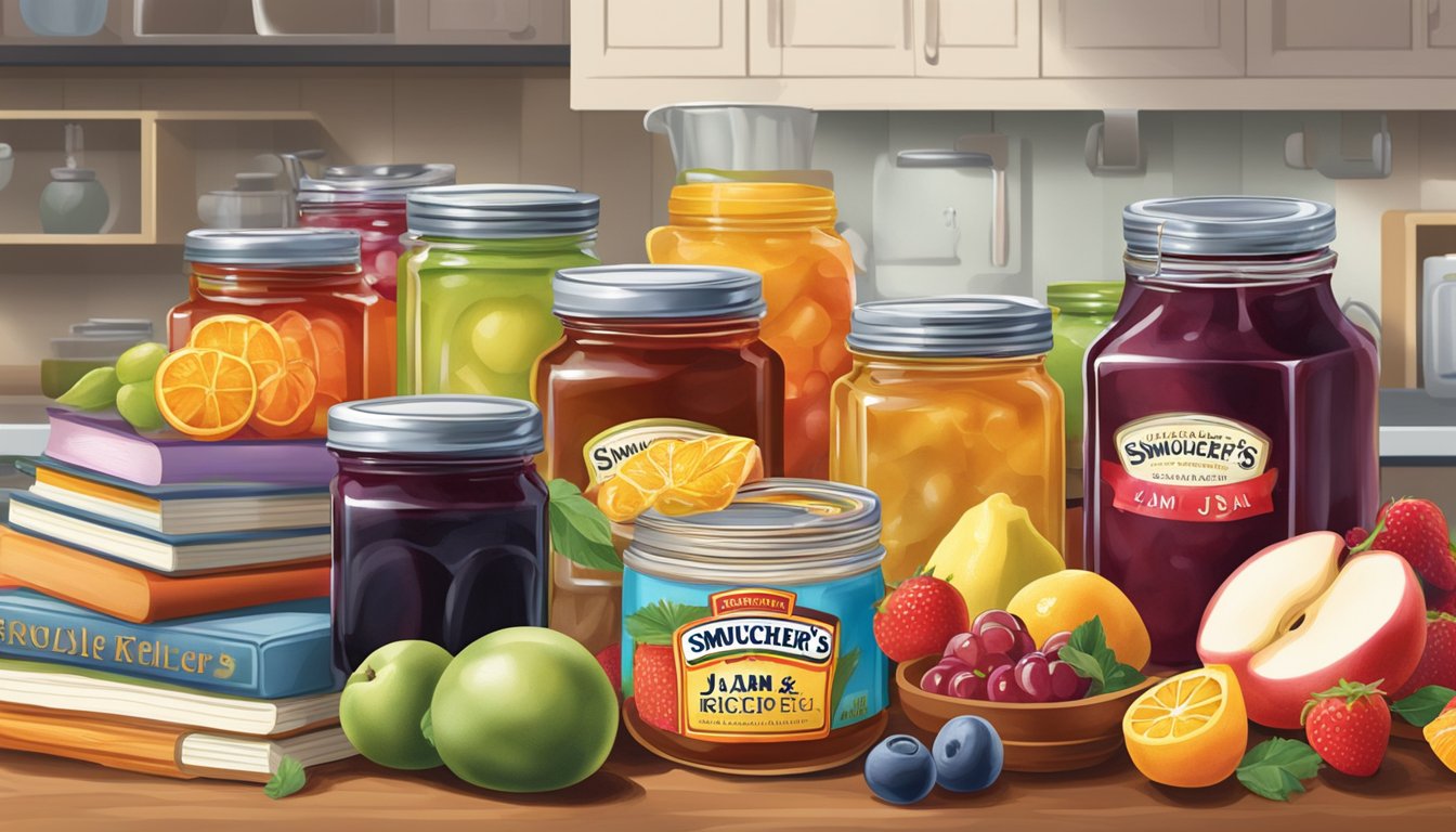 A colorful array of fresh fruits and jars of Smucker's jam and jelly, surrounded by recipe books and kitchen utensils