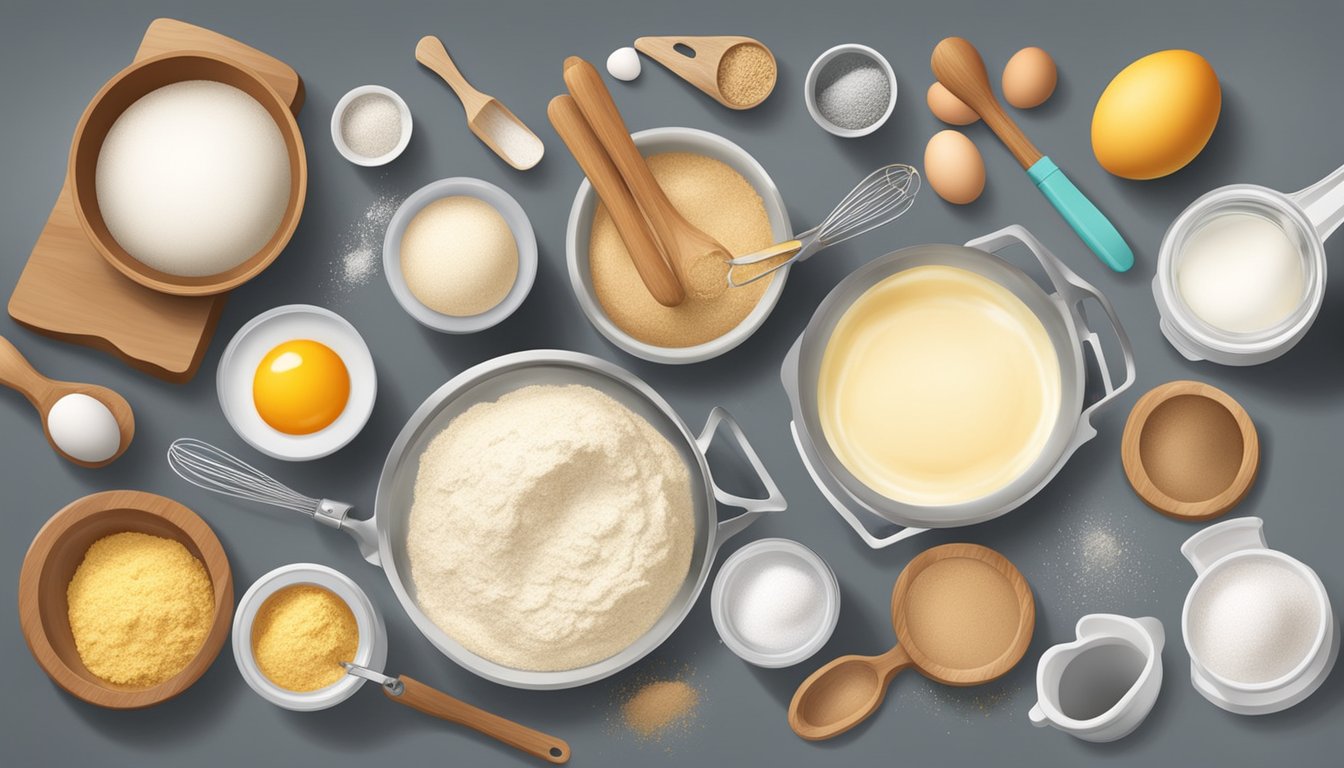 A kitchen counter with an assortment of baking ingredients and tools, including eggs, flour, sugar, measuring cups, and mixing bowls