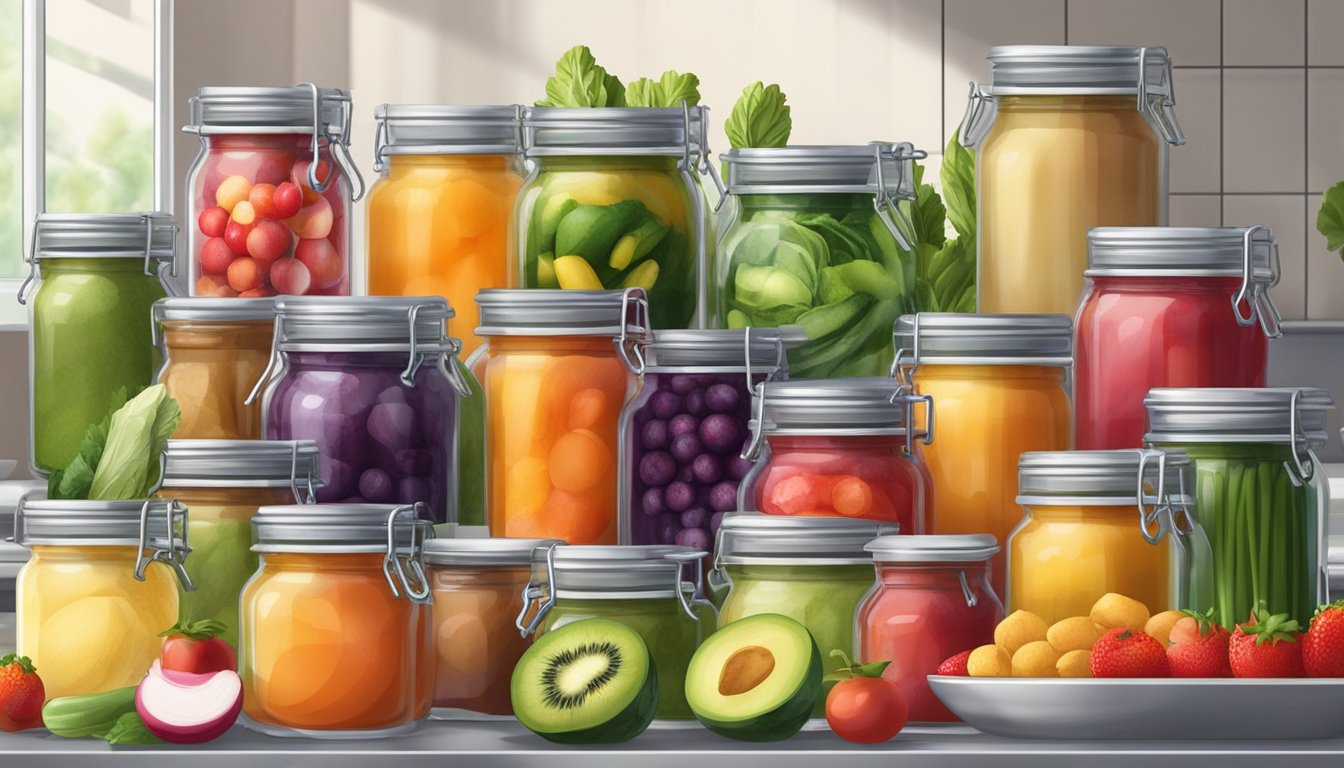 A colorful array of fruit and vegetable purees in glass jars, surrounded by baking ingredients and utensils on a kitchen countertop