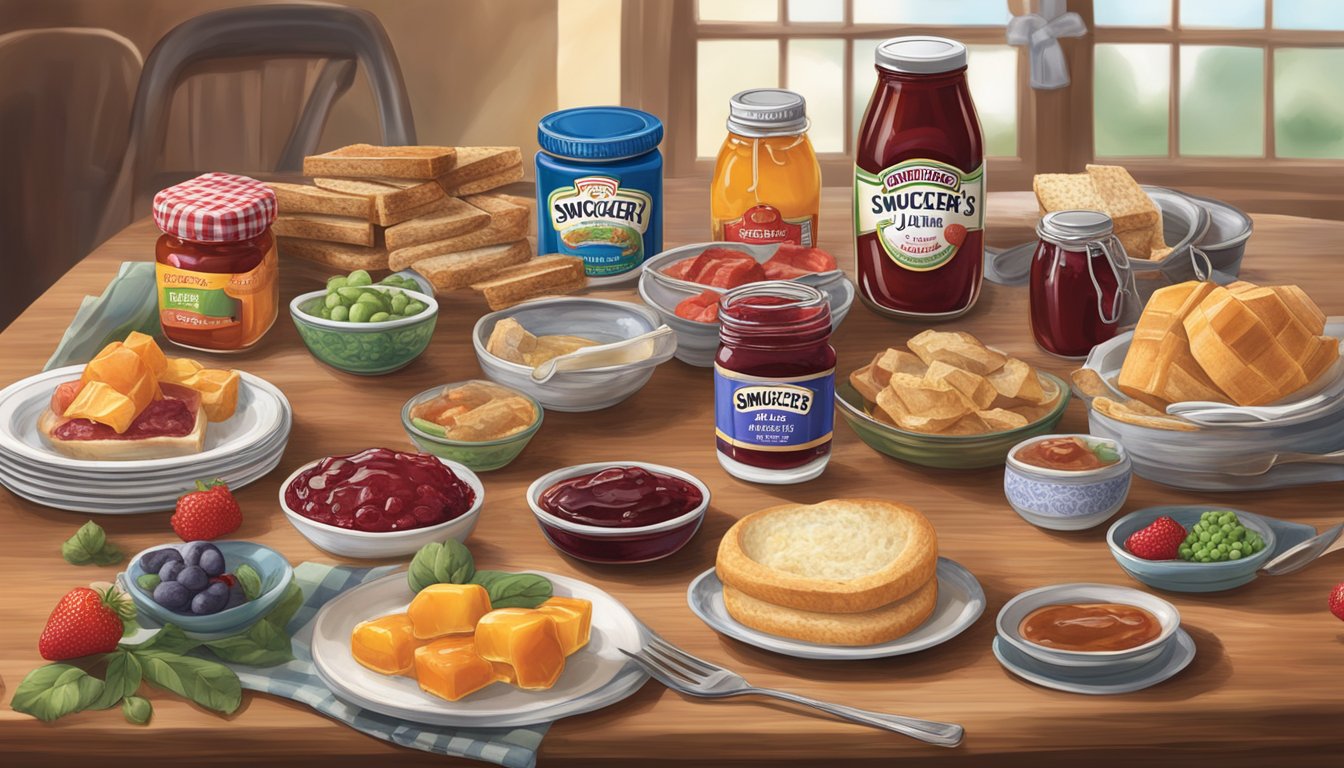 A table set with an assortment of sweet and savory dishes, all featuring Smucker's jam and jelly as key ingredients