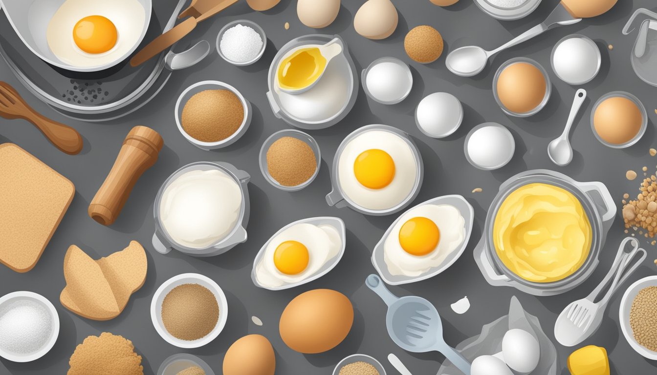 A kitchen counter with various containers of egg replacers and substitutes, surrounded by baking ingredients and utensils