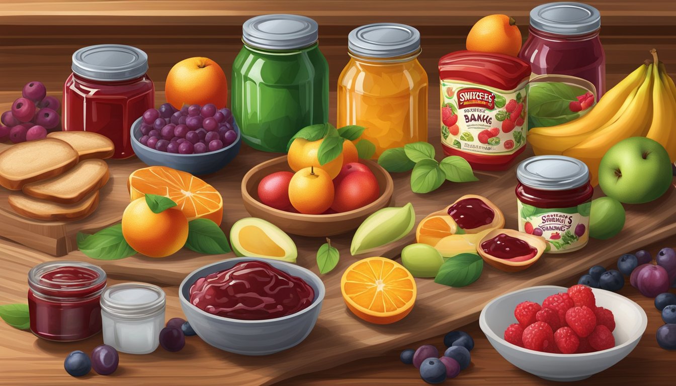 A colorful array of fresh fruits, jars of Smucker's jam and jelly, and various baking ingredients spread out on a wooden kitchen counter