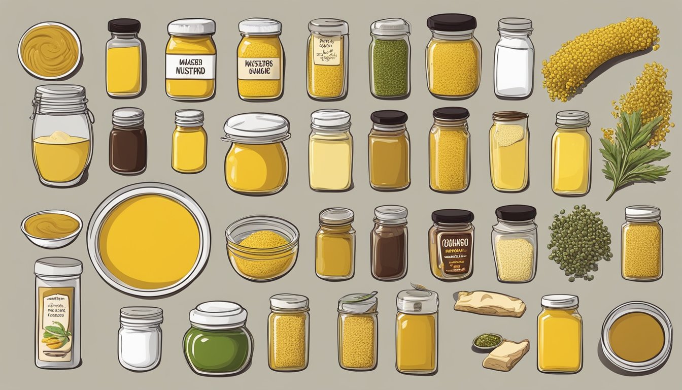 A spread of various mustard varieties arranged in a visually appealing manner, with accompanying foods and condiments to showcase creative uses