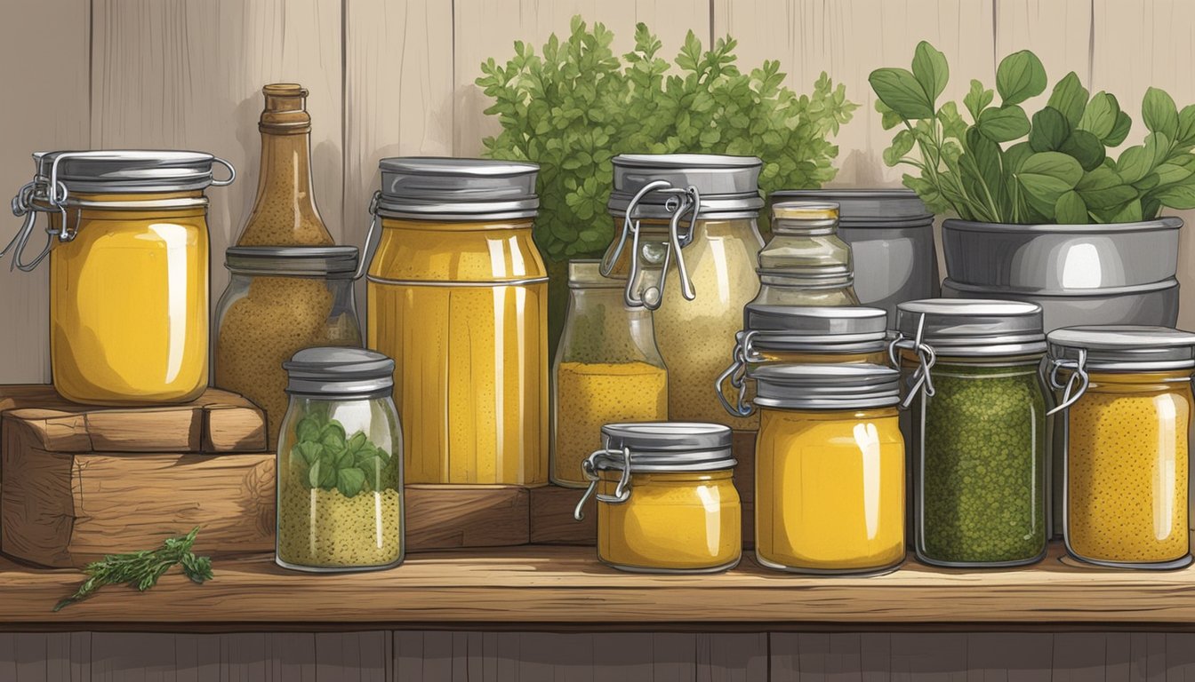 A rustic kitchen shelf displays various jars of French's mustard, along with fresh herbs and spices. A vintage preserving kit sits nearby, hinting at creative ways to store and use the condiment