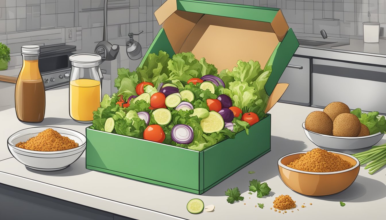 A colorful array of fresh salad ingredients surrounds a box of falafel mix on a clean kitchen counter