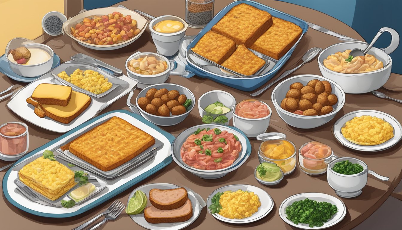 A table set with a variety of dishes made with spam, including breakfast items like omelets and hash, as well as lunch and dinner options