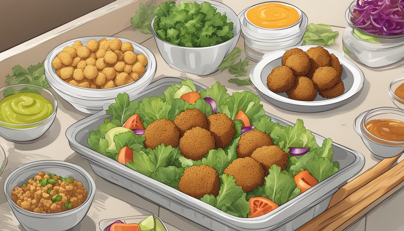 A kitchen counter with a box of falafel mix, open and surrounded by various salad toppers like chopped vegetables and dressing