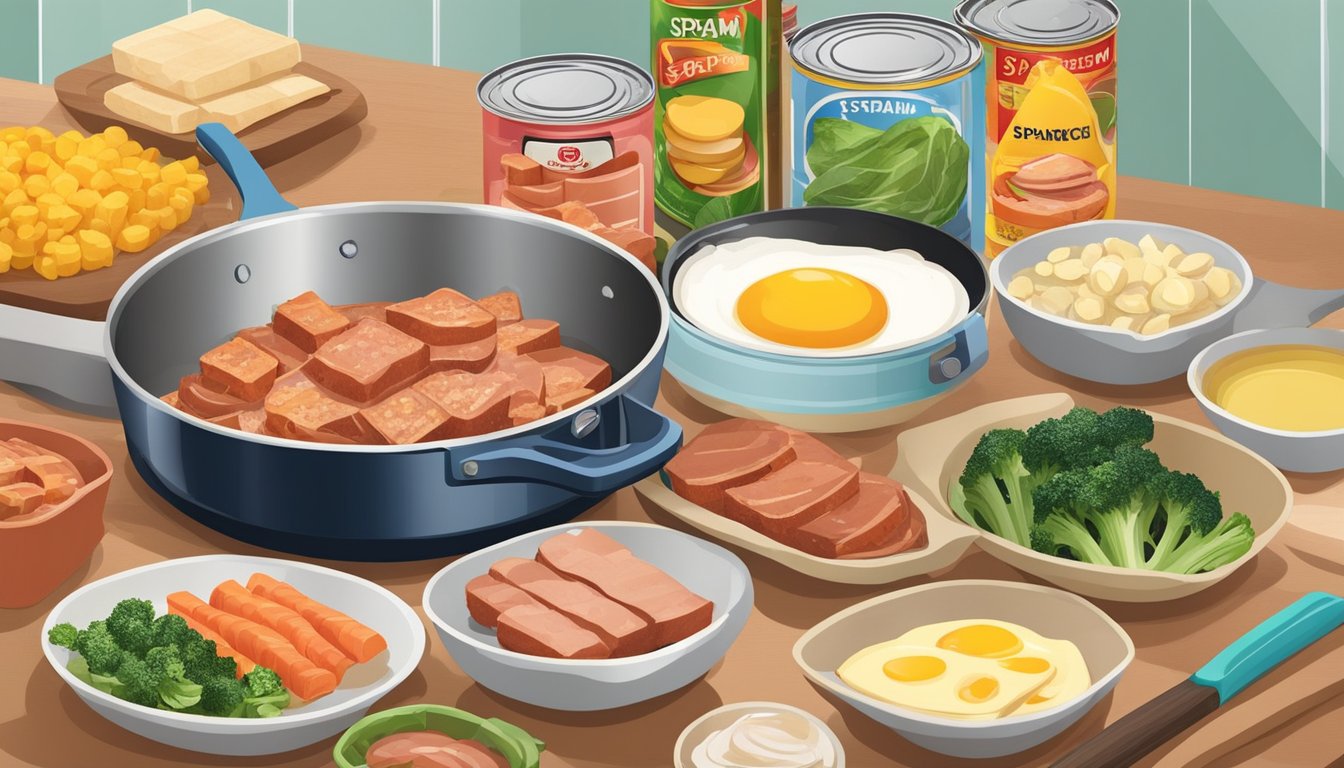 A colorful spread of canned spam, eggs, and various ingredients on a kitchen counter. A frying pan sizzles with a spam and vegetable stir-fry