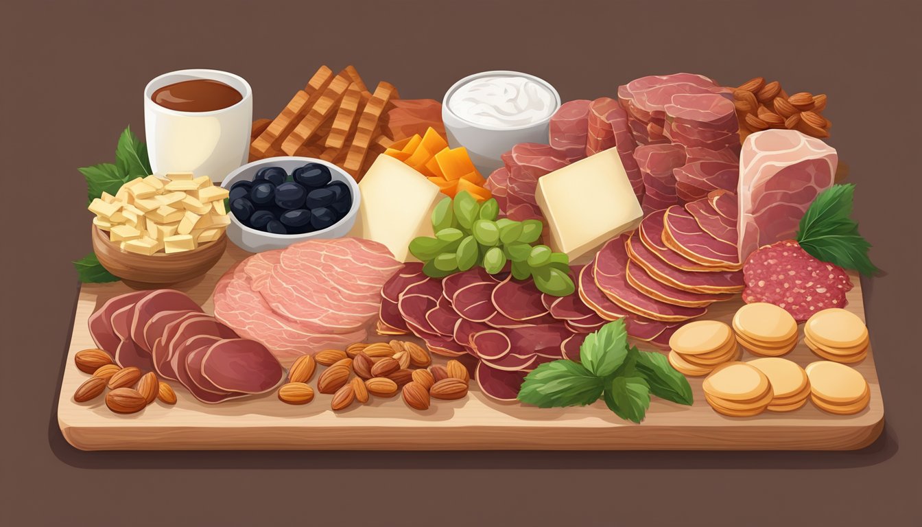 A wooden charcuterie board with neatly arranged shelf-stable ingredients like cured meats, cheeses, nuts, dried fruits, and crackers