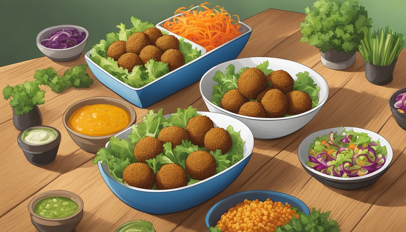 A colorful salad bowl filled with crispy falafel, vibrant salad toppers, and a boxed falafel mix on a wooden table