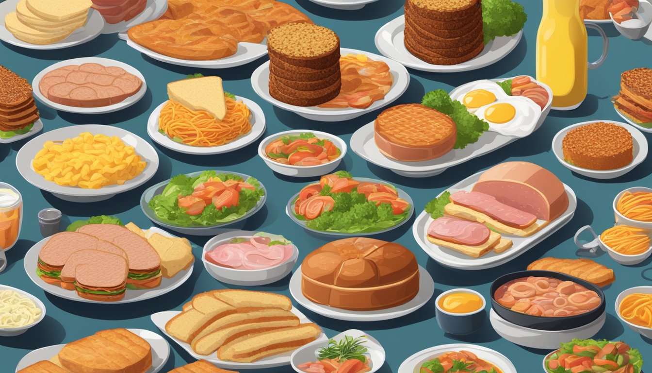 A table filled with various dishes made with spam, from breakfast to dinner, presented in an appetizing manner