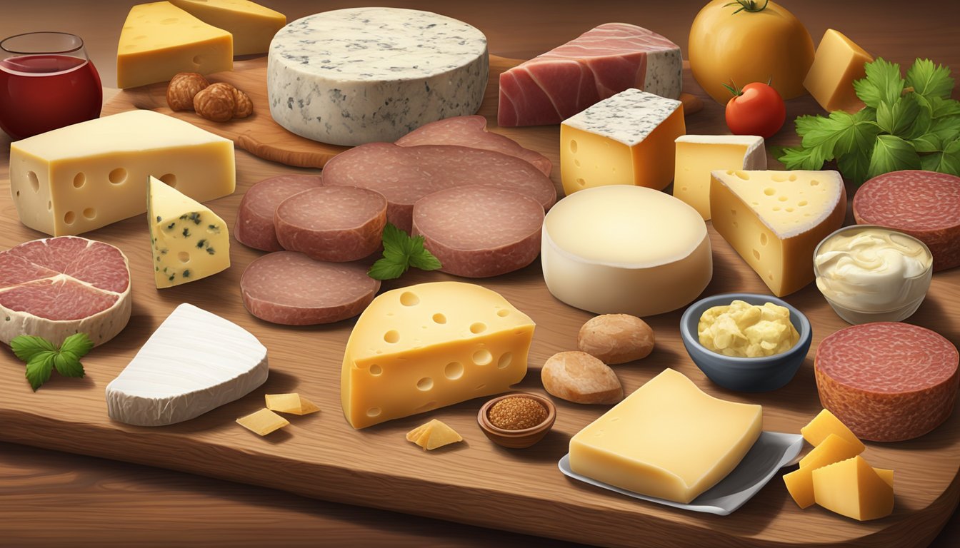 A variety of cheeses, meats, and accompaniments displayed on a wooden board