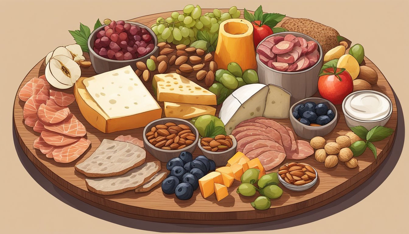 A wooden charcuterie board with various meats, cheeses, nuts, and fruits arranged in an artful display