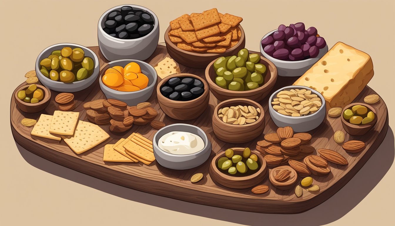 A wooden charcuterie board with a variety of shelf-stable accompaniments such as olives, nuts, dried fruits, and crackers arranged in an artful display