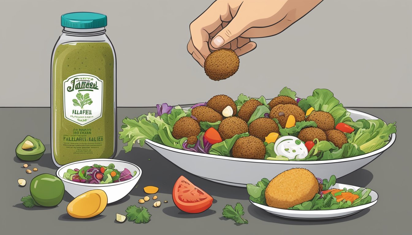 A hand pouring falafel mix onto a salad with various toppings