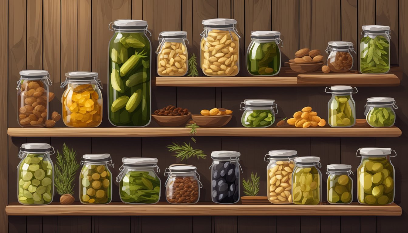 Various jars and containers of pickles, olives, nuts, and dried fruits arranged on a wooden shelf, with a backdrop of hanging herbs and spices