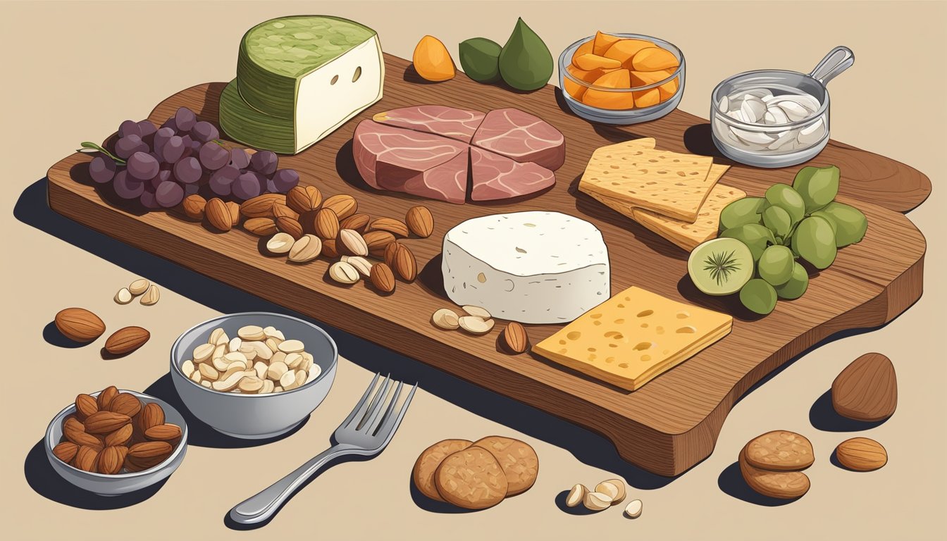 A wooden charcuterie board with neatly arranged shelf-stable ingredient pairings such as cheeses, crackers, nuts, and dried fruits, with small serving utensils placed strategically