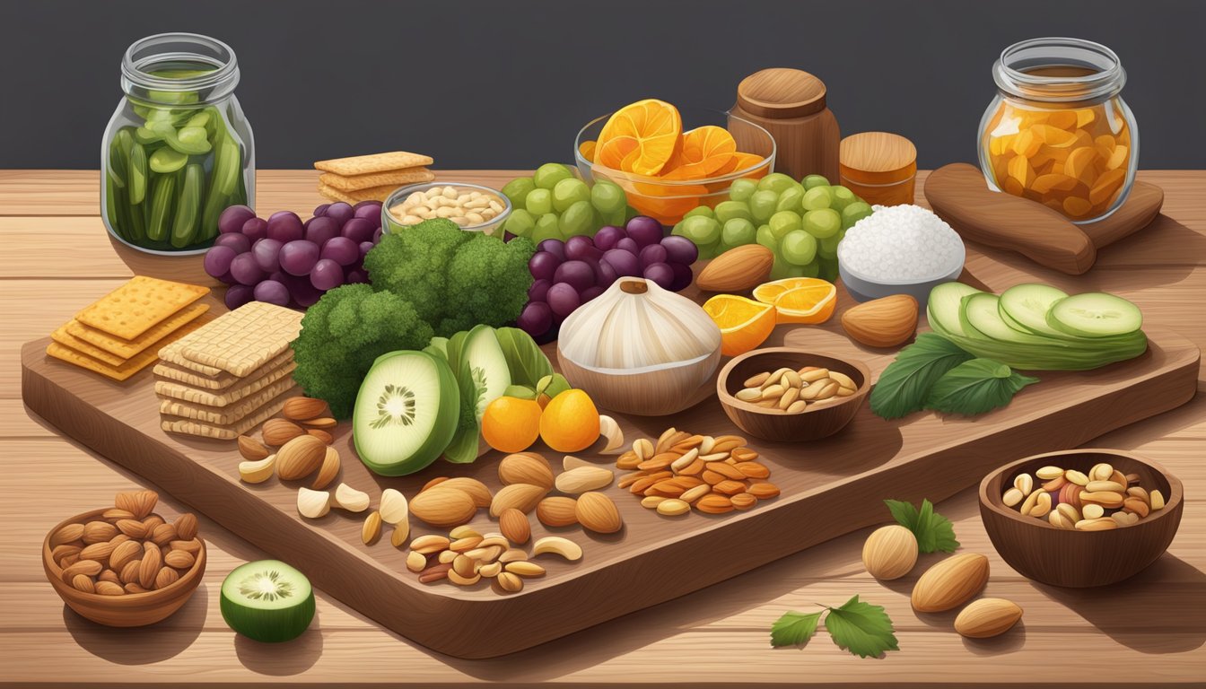 A wooden cutting board with a variety of shelf-stable ingredients such as nuts, dried fruits, crackers, and pickled vegetables arranged in an aesthetically pleasing manner