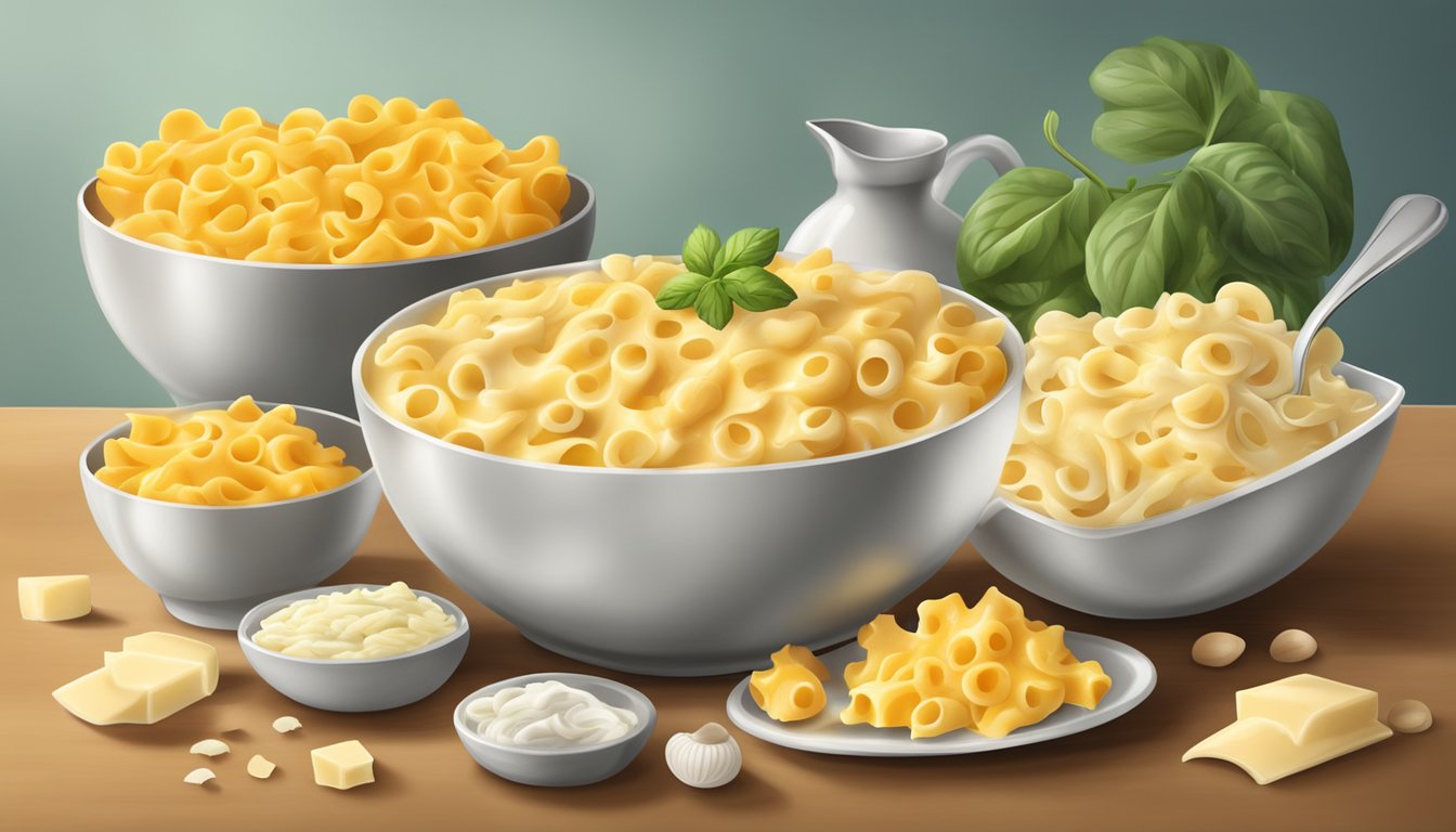 A steaming bowl of creamy macaroni and cheese surrounded by ingredients like cheese, milk, and pasta shells