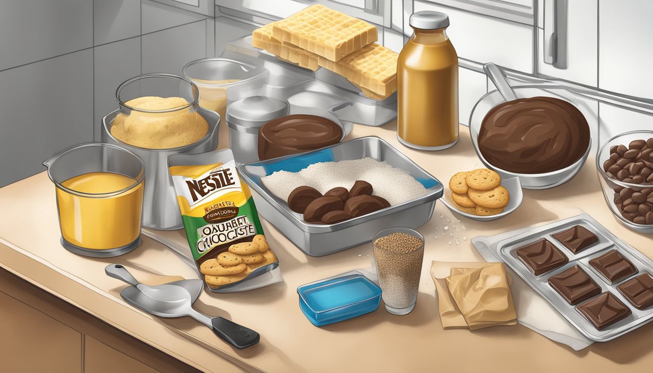 A kitchen counter with ingredients and utensils for baking Nestlé Toll House chocolate chip cookies, including upgraded ingredients like gourmet chocolate and sea salt