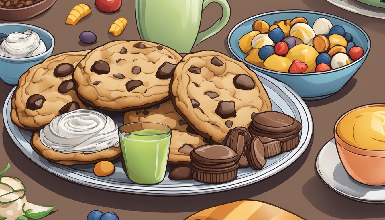 A plate of warm Toll House chocolate chip cookies surrounded by a variety of toppings and accompaniments, such as nuts, fruit, and ice cream