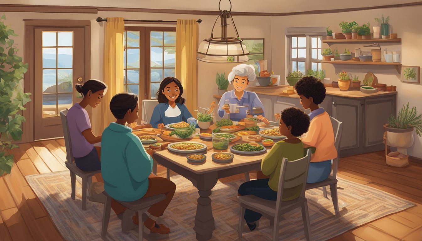 A family sits around a table, enjoying a meal of canned cod prepared in various traditional Lenten Friday recipes. The room is filled with the aroma of herbs and spices, creating a cozy and comforting atmosphere