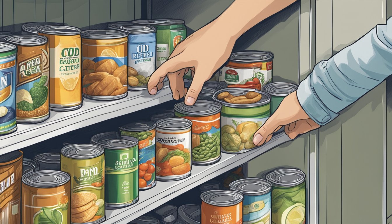 A hand reaching for a can of cod among other canned goods on a pantry shelf