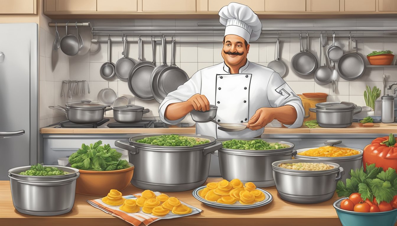 A chef in a bustling kitchen, surrounded by pots and pans, carefully crafting the iconic Chef Boyardee ravioli recipe with fresh ingredients and a touch of creativity