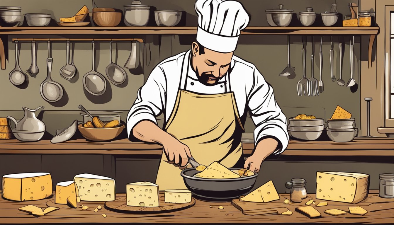 A chef blends a variety of cheeses in a rustic kitchen setting