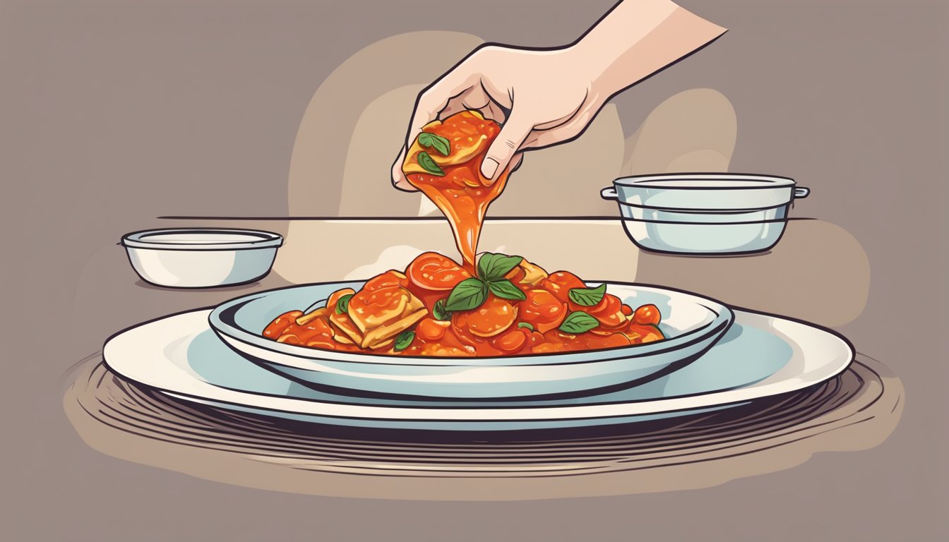 A chef's hand pours a tangy tomato sauce over a pile of sweet, plump ravioli