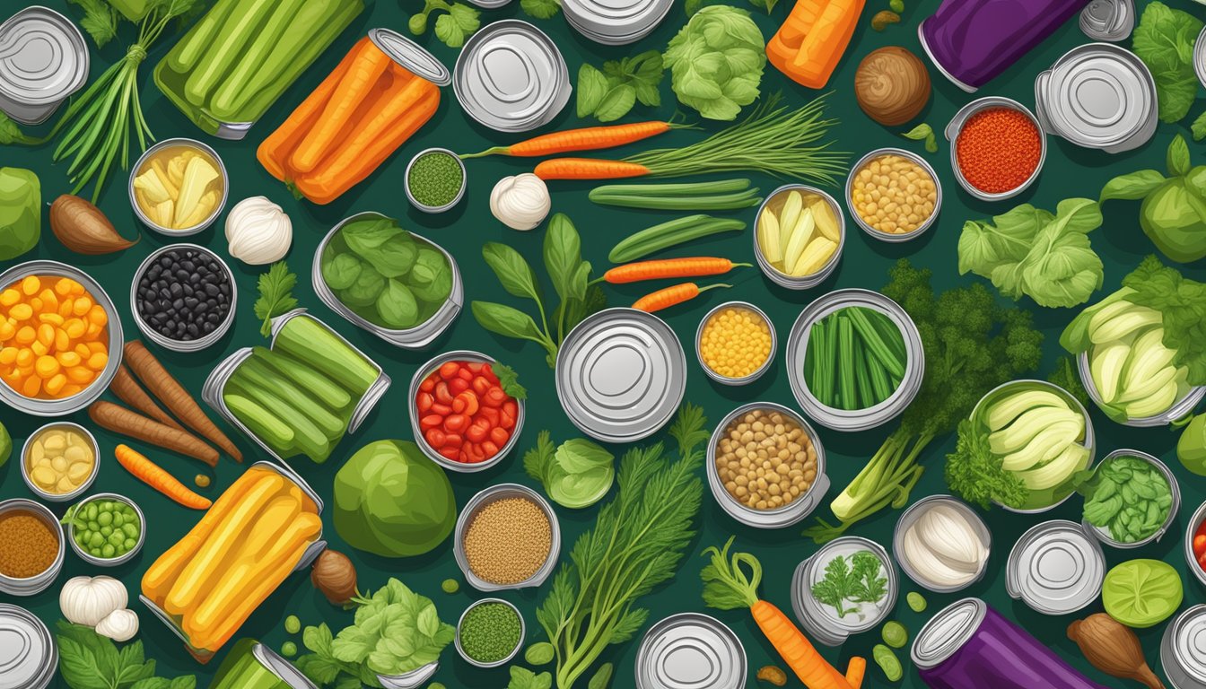 A colorful array of canned vegetables overflowing from open cans, surrounded by fresh herbs and spices, showcasing the nutritional benefits of green giant canned vegetables