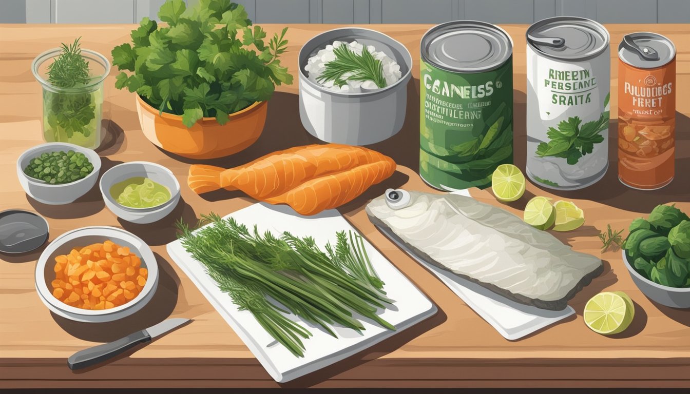 A kitchen counter with cans of cod, a cutting board, knife, and various ingredients like herbs and vegetables