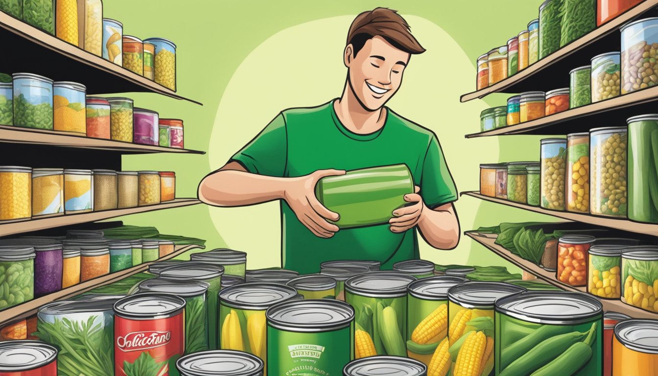 A person opening a pantry filled with colorful cans of Green Giant vegetables, selecting a can of sweet corn and green beans