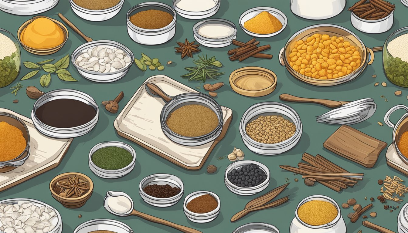 A clean, organized kitchen with open cans of cod, various spices, and utensils laid out on the counter for preparing Lenten Friday meals