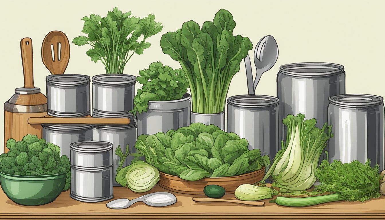 A colorful array of canned green vegetables arranged on a kitchen counter, surrounded by fresh herbs and cooking utensils