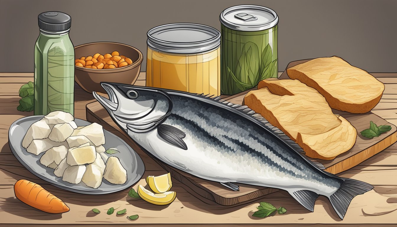 A kitchen counter with an open can of cod, a cutting board, knife, and various ingredients for a classic lenten Friday recipe