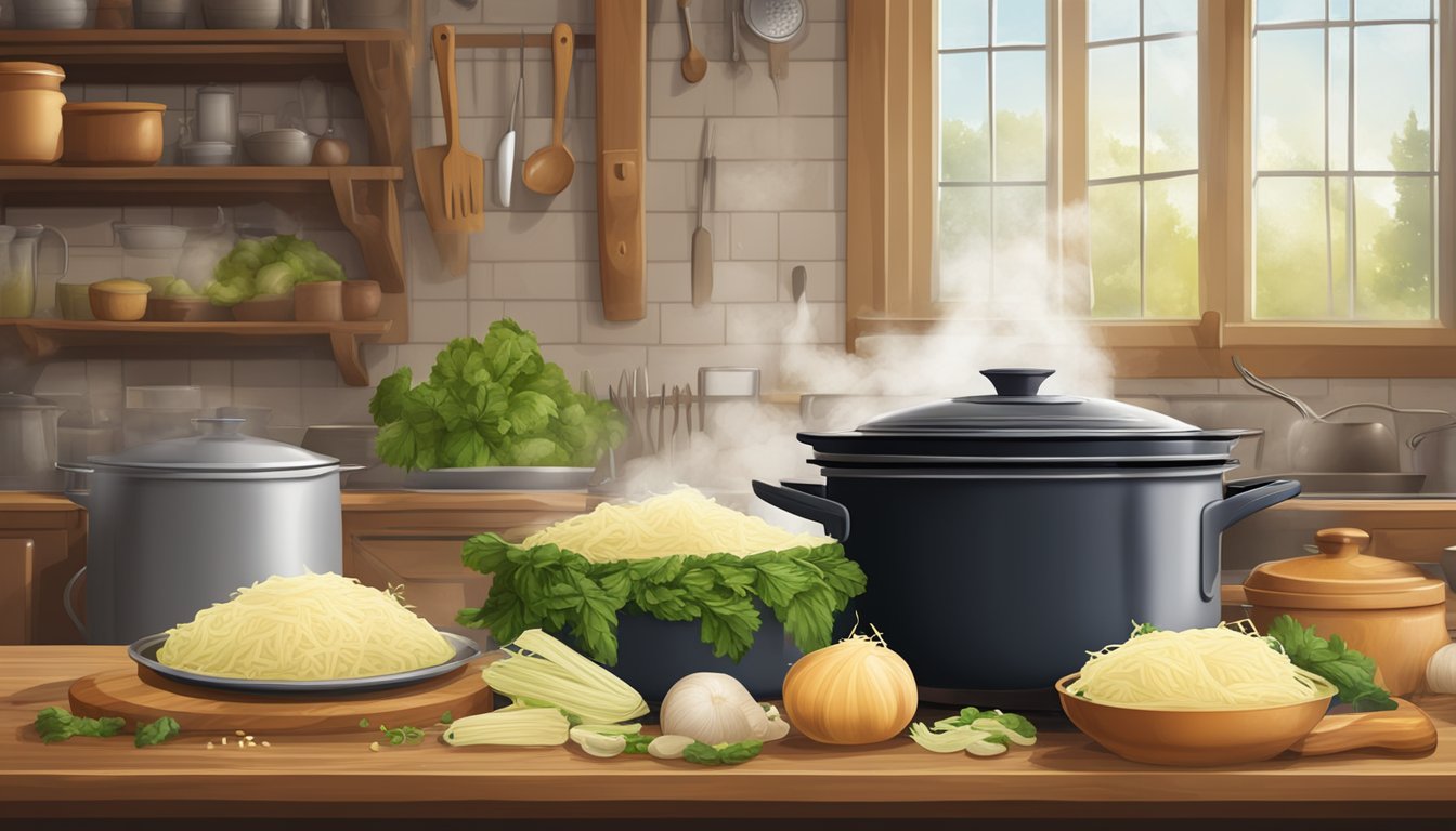 A steaming pot of sauerkraut simmering on a stove, surrounded by traditional German cooking utensils and ingredients