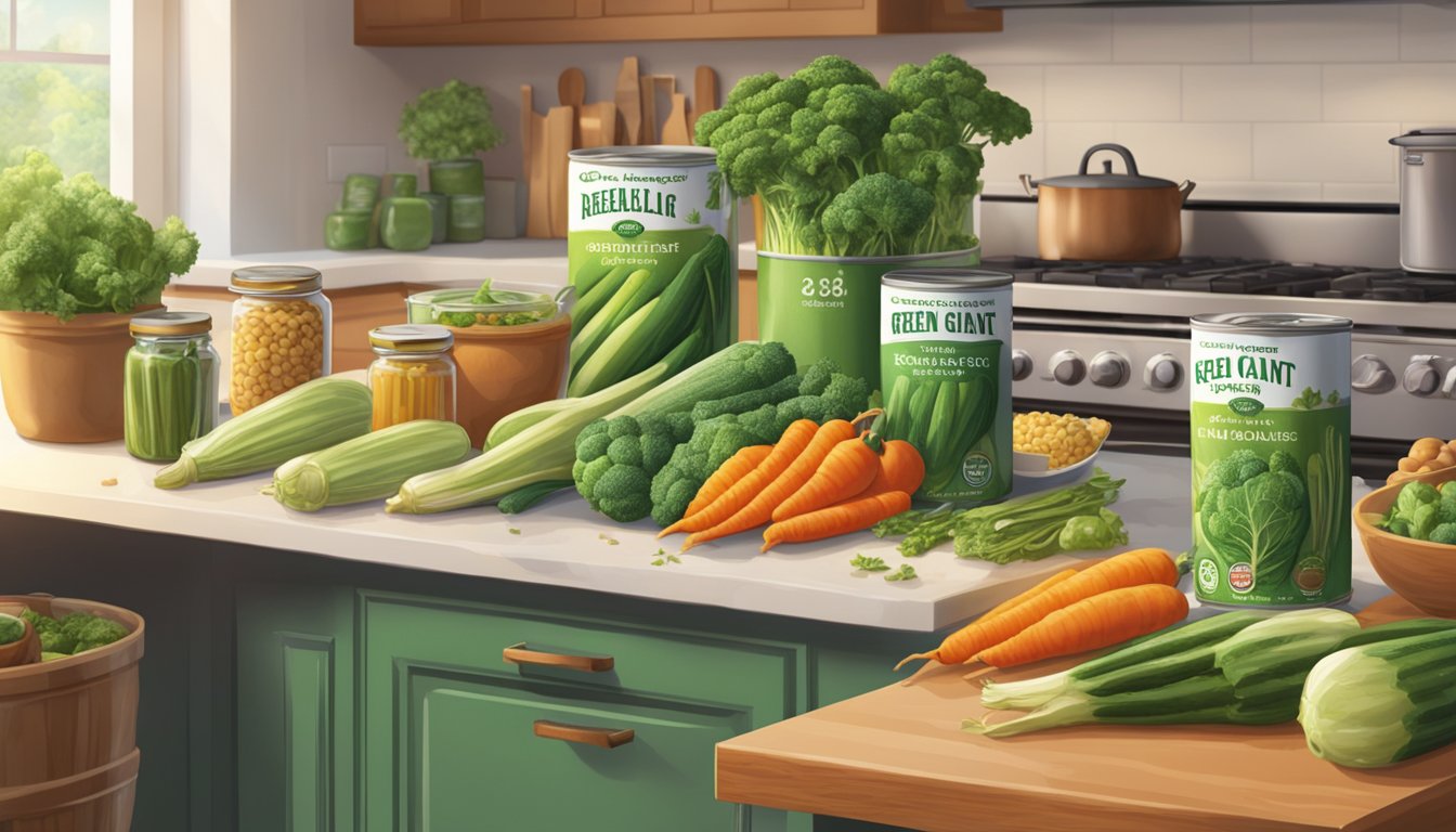 A cozy kitchen counter filled with open cans of green giant vegetables, surrounded by colorful recipe cards and a warm, inviting atmosphere