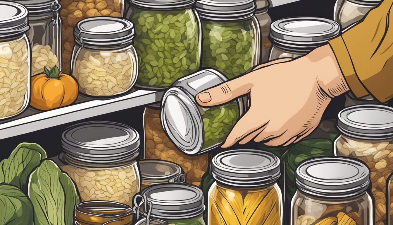 A hand reaching for a can of sauerkraut on a pantry shelf, surrounded by jars and bottles of various ingredients for German cuisine